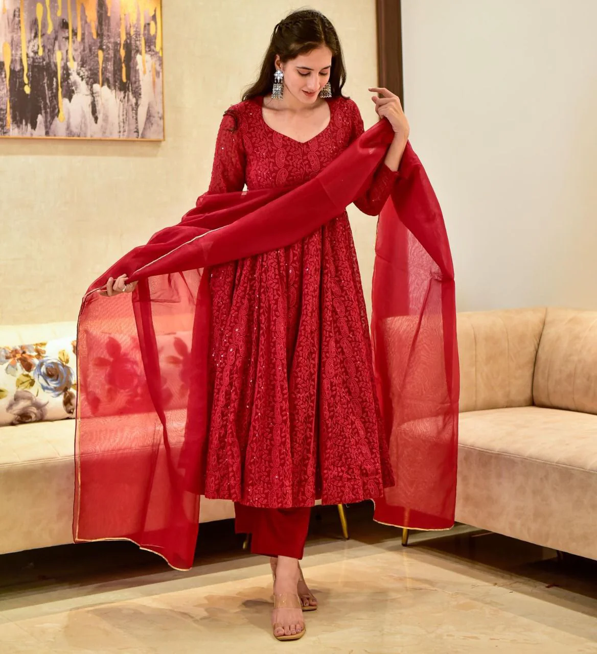 Red Sequin Anarkali Suit - Elegant Festive Ethnic Wear for Women