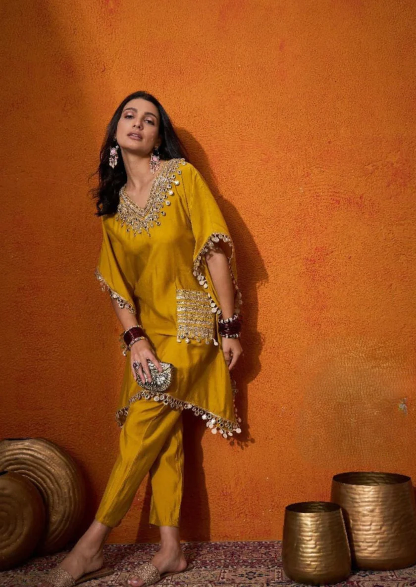 Luxe Yellow Festive Salwar Kameez with Embellished Neckline and Hemline - Yellow salwar kameez