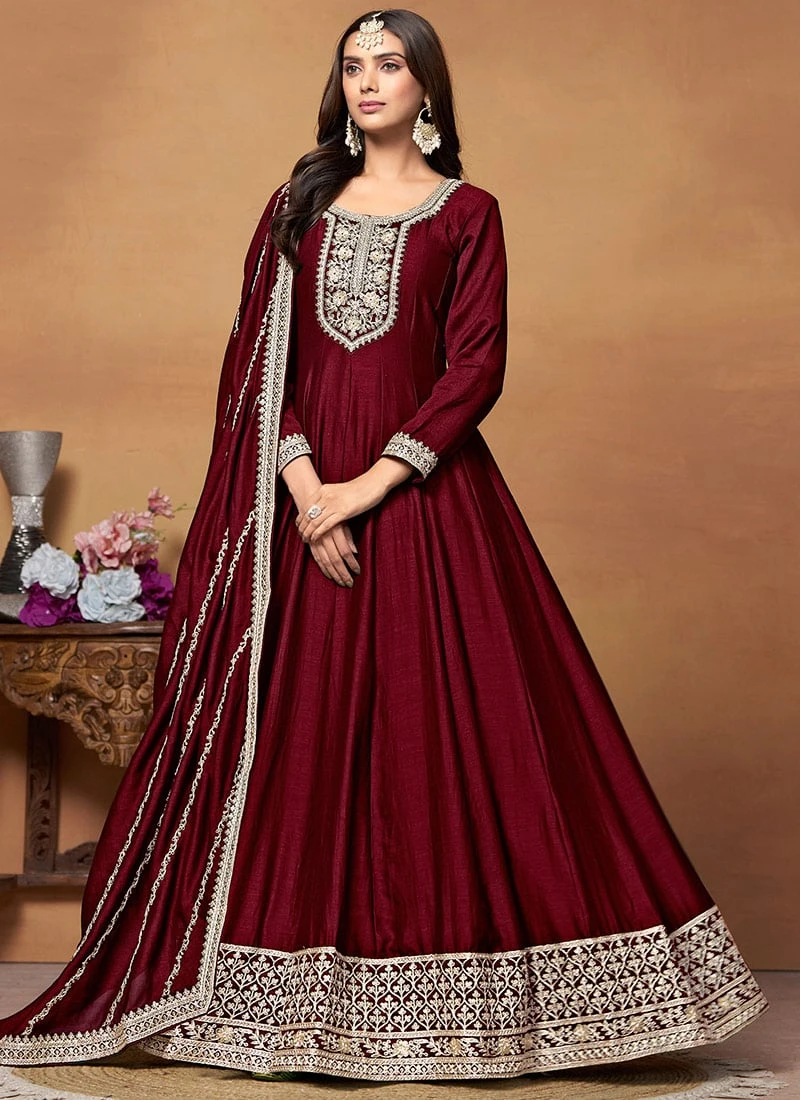 Elegant Deep Maroon Embroidered Anarkali Gown with Silver Zari Work - Maroon anarkali gown