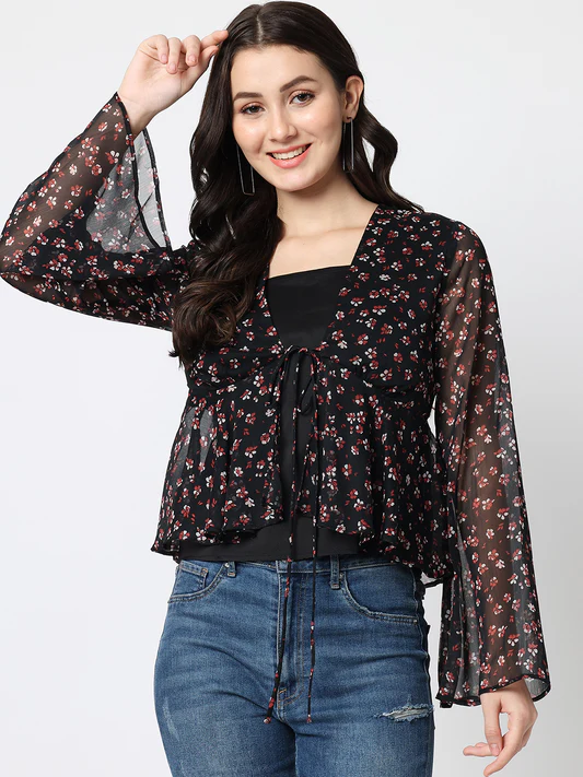 Women's Black Floral Bell Sleeve Chiffon Blouse - Romantic Boho Top - Floral bell sleeve blouse