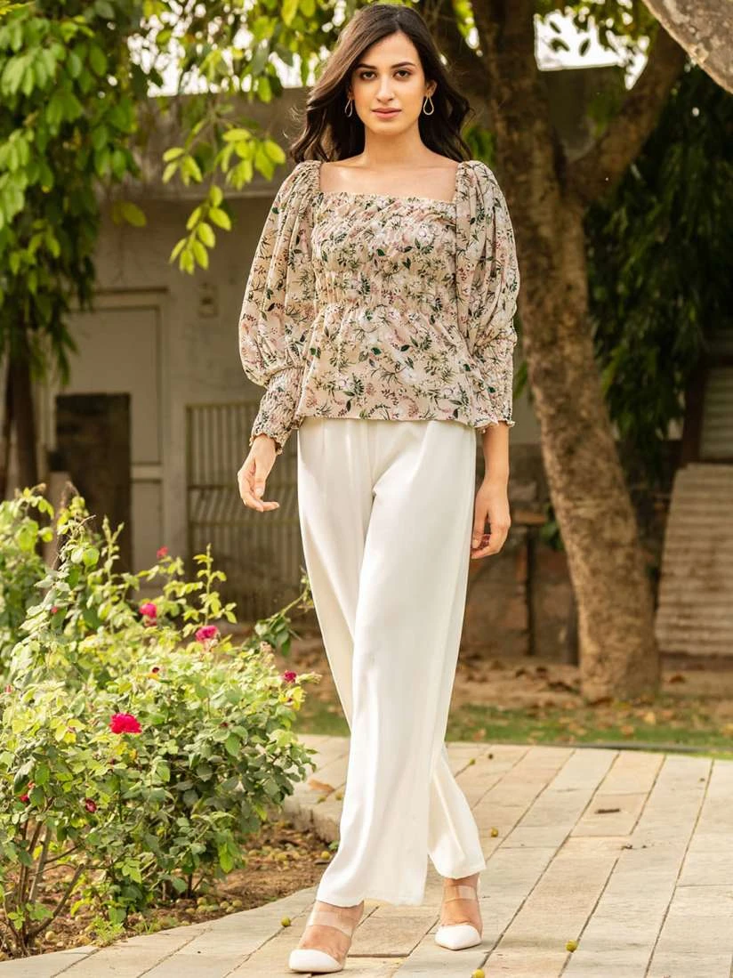 Romantic Floral Peasant Blouse with Wide-Leg Palazzo Pants Set