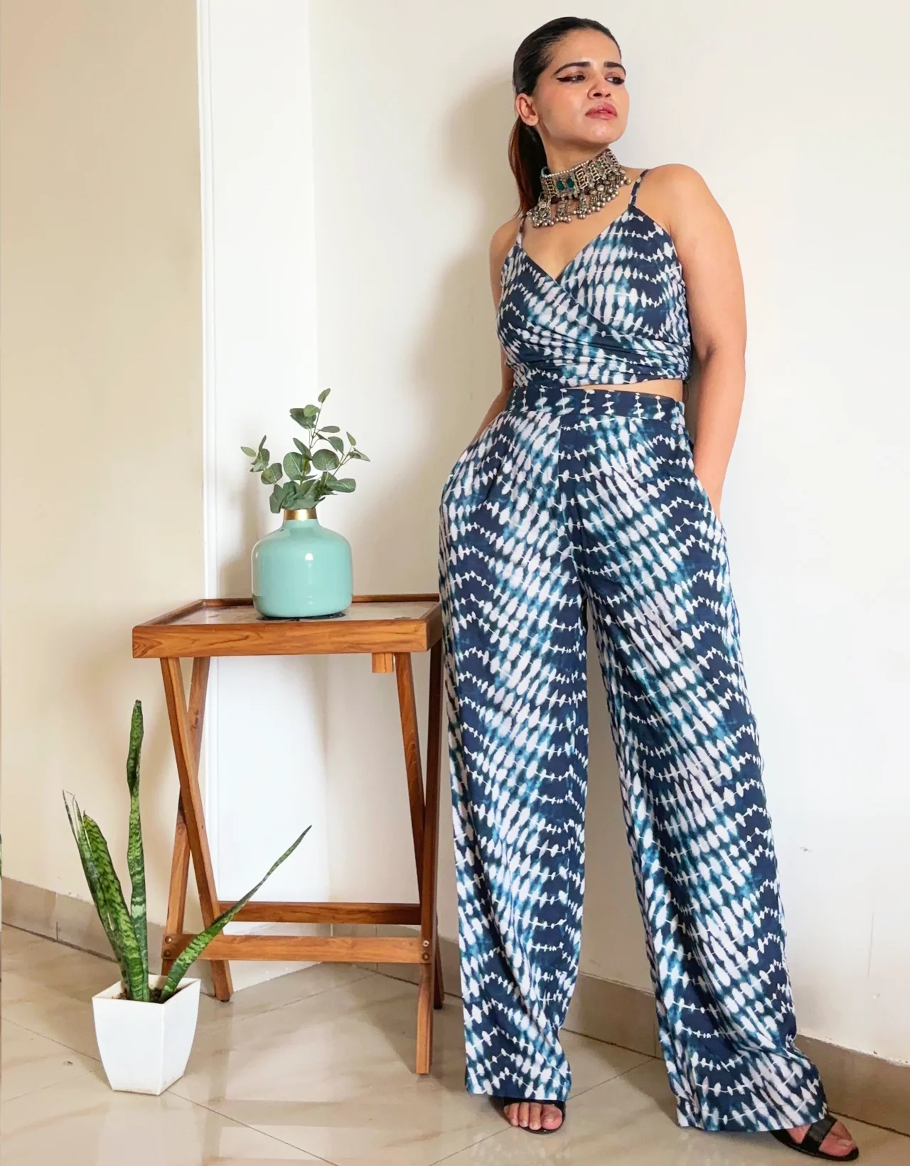Blue Tie-Dye Two-Piece Co-ord Set with Wide-Leg Pants - Tie-dye co-ord set