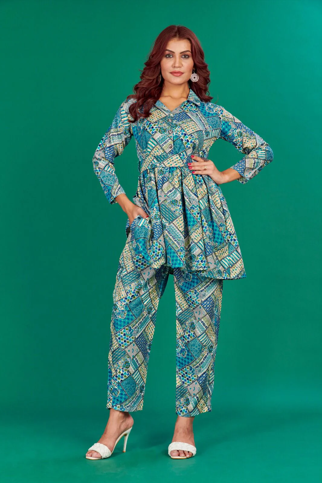 Blue Paisley Print Ethnic Co-ord Set with Flared Kurti and Palazzo Pants - Paisley print co-ord set