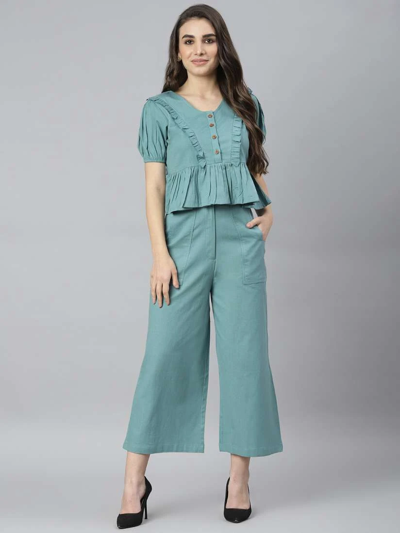 Sage Green Ruffled Peplum Top and Wide-Leg Culotte Two-Piece Women's Outfit Set - Sage green two-piece set