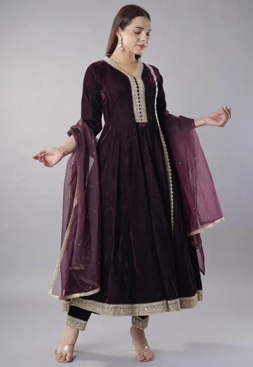 Elegant Purple Velvet Anarkali Suit with Gold Embroidery and Net Dupatta