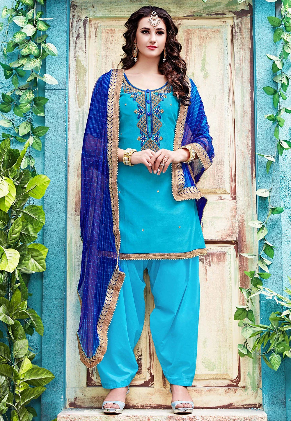 Turquoise Blue Patiala Suit - Embroidered Punjabi Salwar Kameez Set with Royal Blue Dupatta