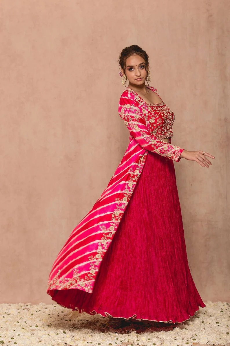 Elegant Pink and Red Lehenga Choli - Traditional Indian Wedding Dress with Floral Embroidery