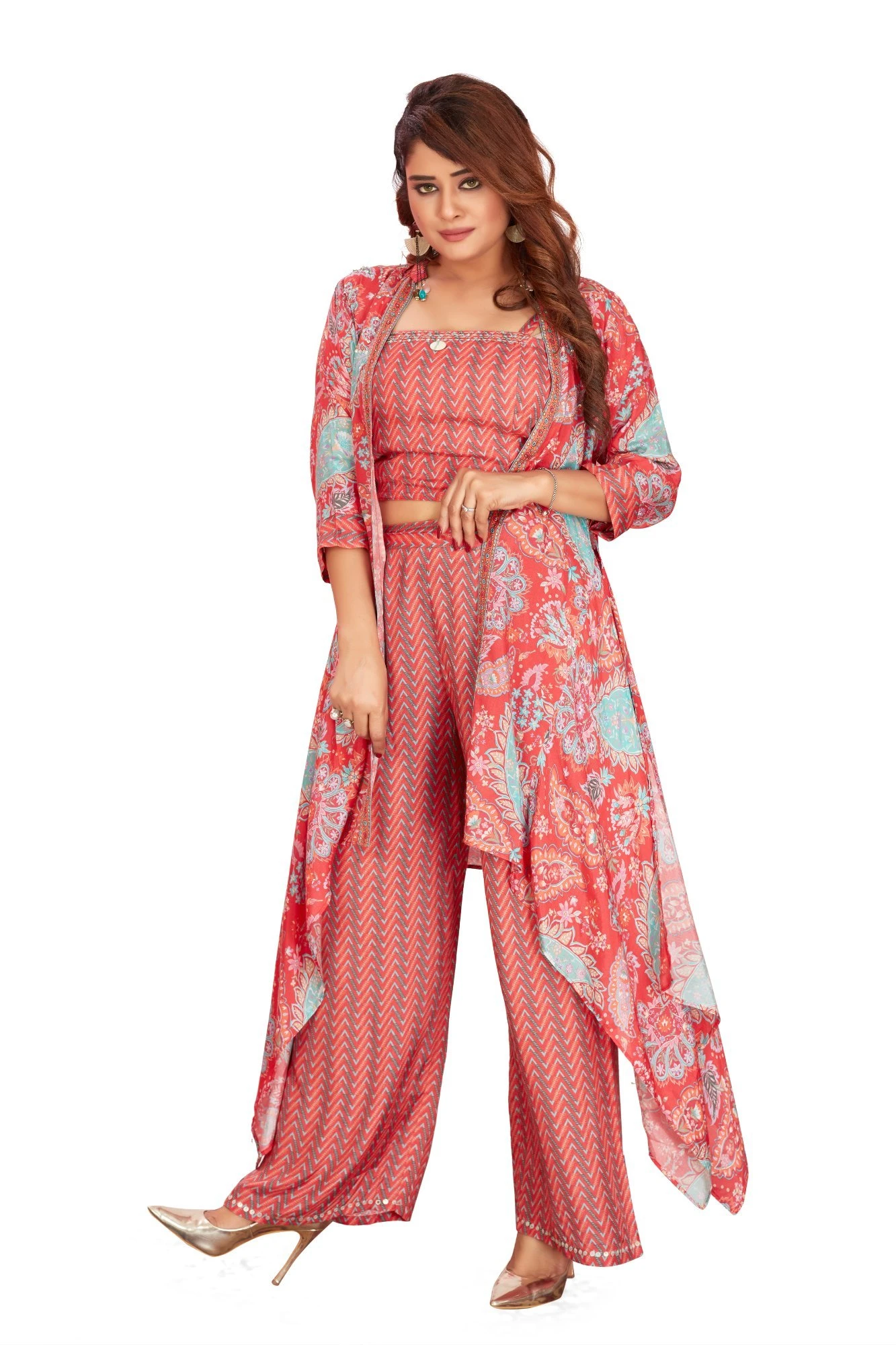 Coral Pink Floral Palazzo Set with Matching Jacket - Ethnic Festive Wear