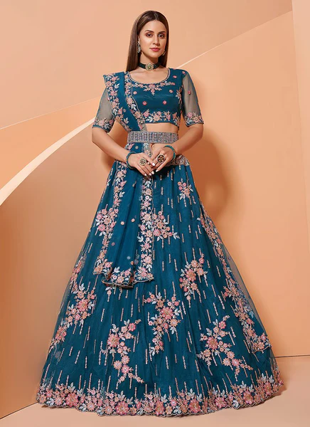 Teal Blue Floral Embroidered Designer Lehenga Choli for Wedding and Party - Teal blue designer lehenga