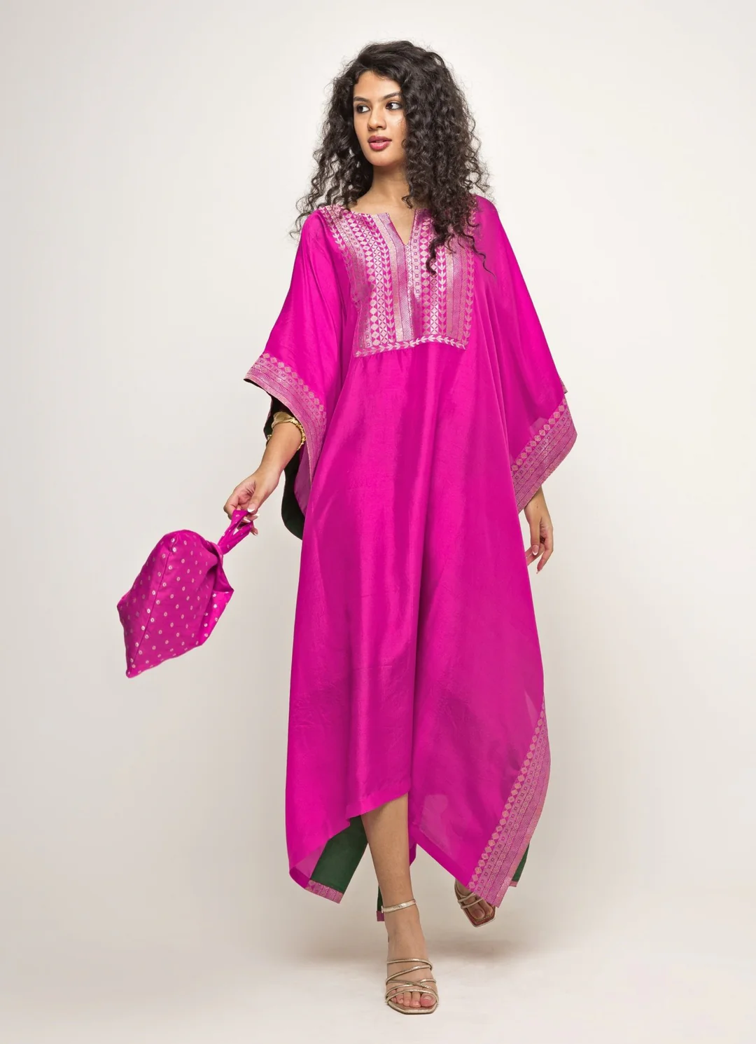 Luxe Pink Embroidered Kaftan Maxi Dress - Elegant Boho Caftan with Detailed Neckline
