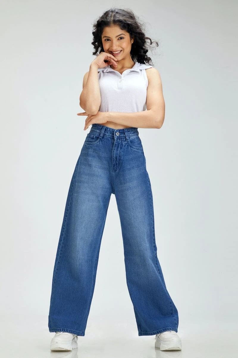 Women's High-Waisted Wide-Leg Denim Jeans - Vintage Blue Wash