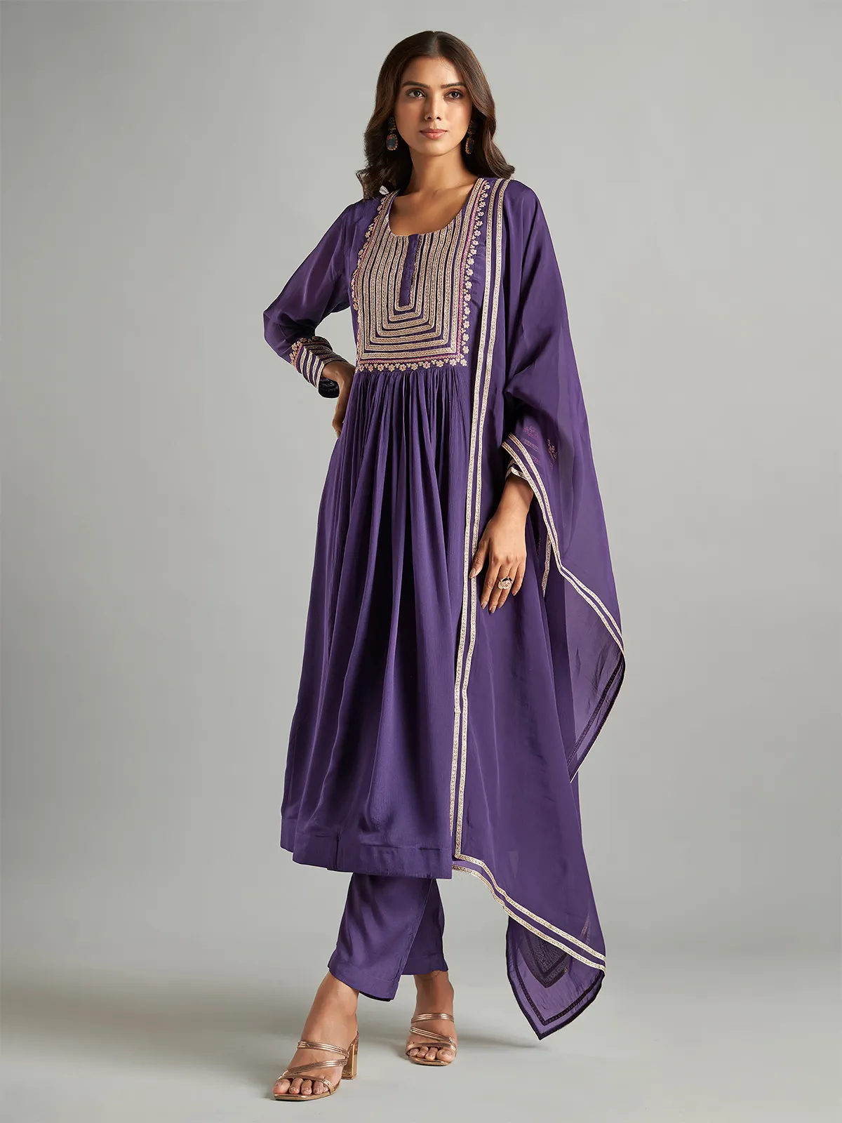 Purple Embroidered Anarkali Salwar Suit - Elegant Ethnic Festive Wear - Purple anarkali suit