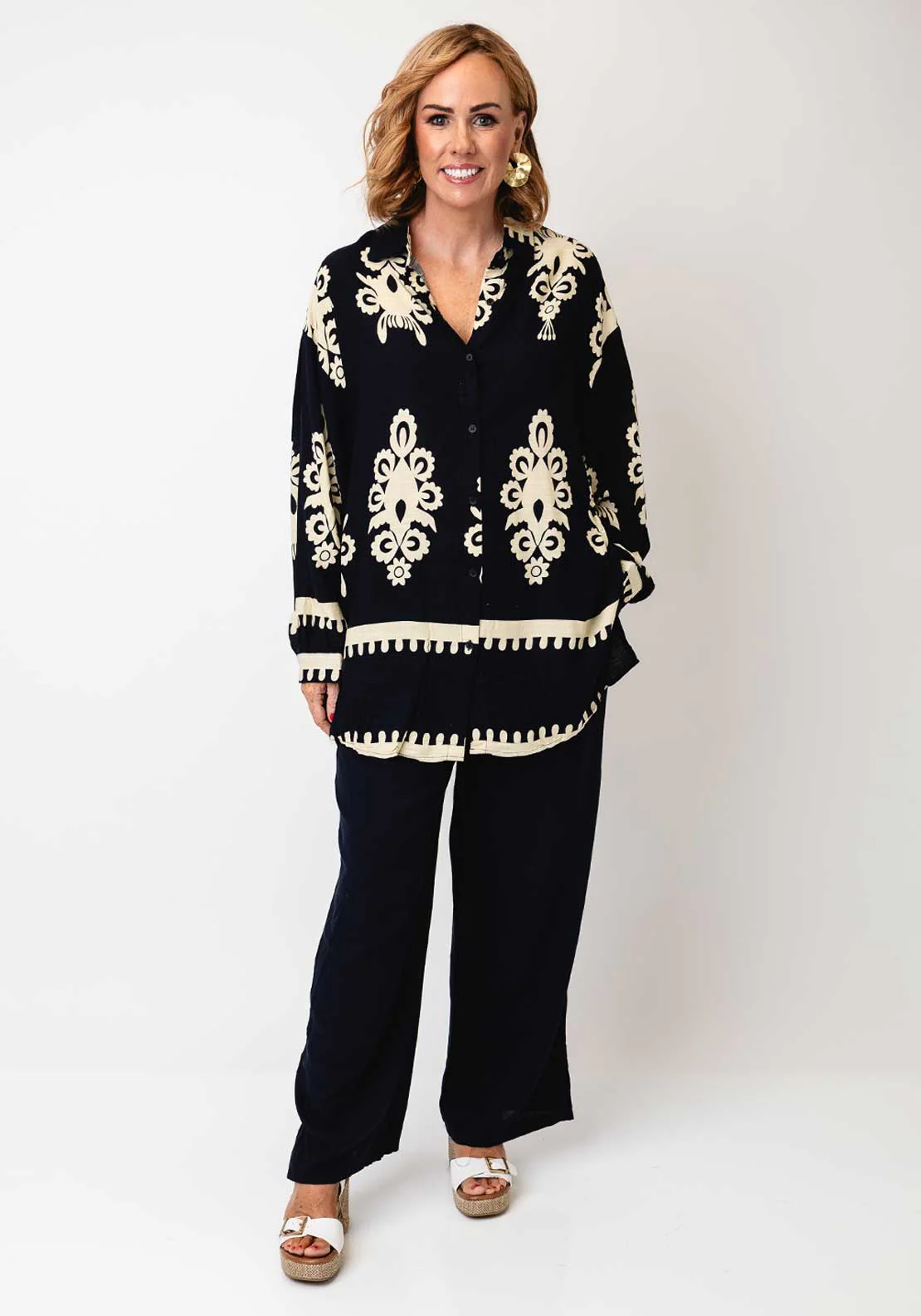 Elegant Black & Cream Embroidered Boho Blouse and Wide-Leg Pants Set - Boho blouse set