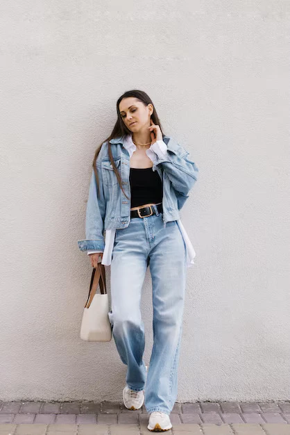 Women's Casual Denim Co-ord Set - Light Blue Jean Jacket and Wide Leg Jeans Outfit